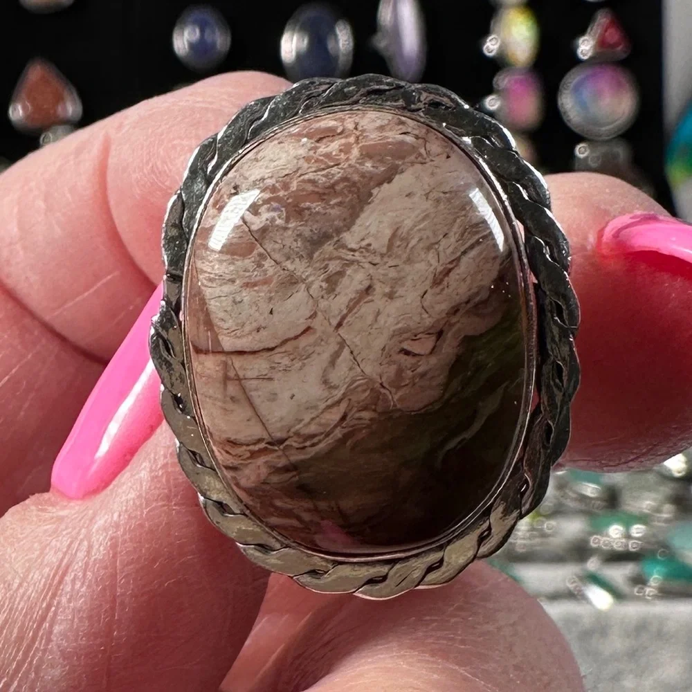 💕 Jasper gemstone, silver plated, handmade‎ ring, size 8.25. vintage look - Picture 2 of 3